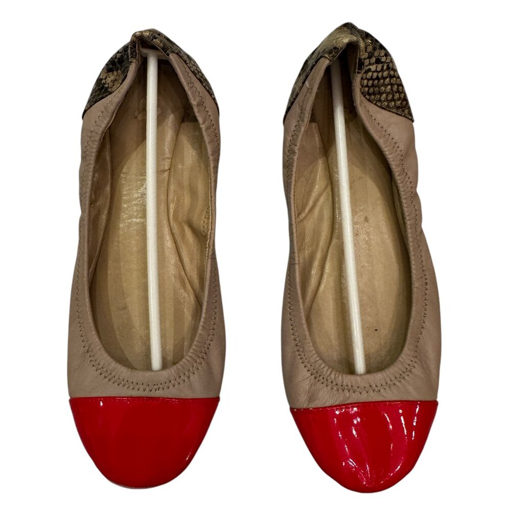 Saks Fifth Avenue Leather Slip-On Flats – Tan, Red & Snakeskin (Siz 8)